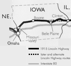 Map of the Lincoln Highway in Iowa