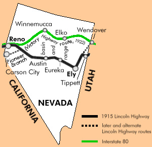 Map of the Lincoln Highway in Nevada