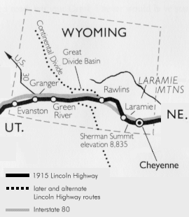 Map of the Lincoln Highway in Wyoming